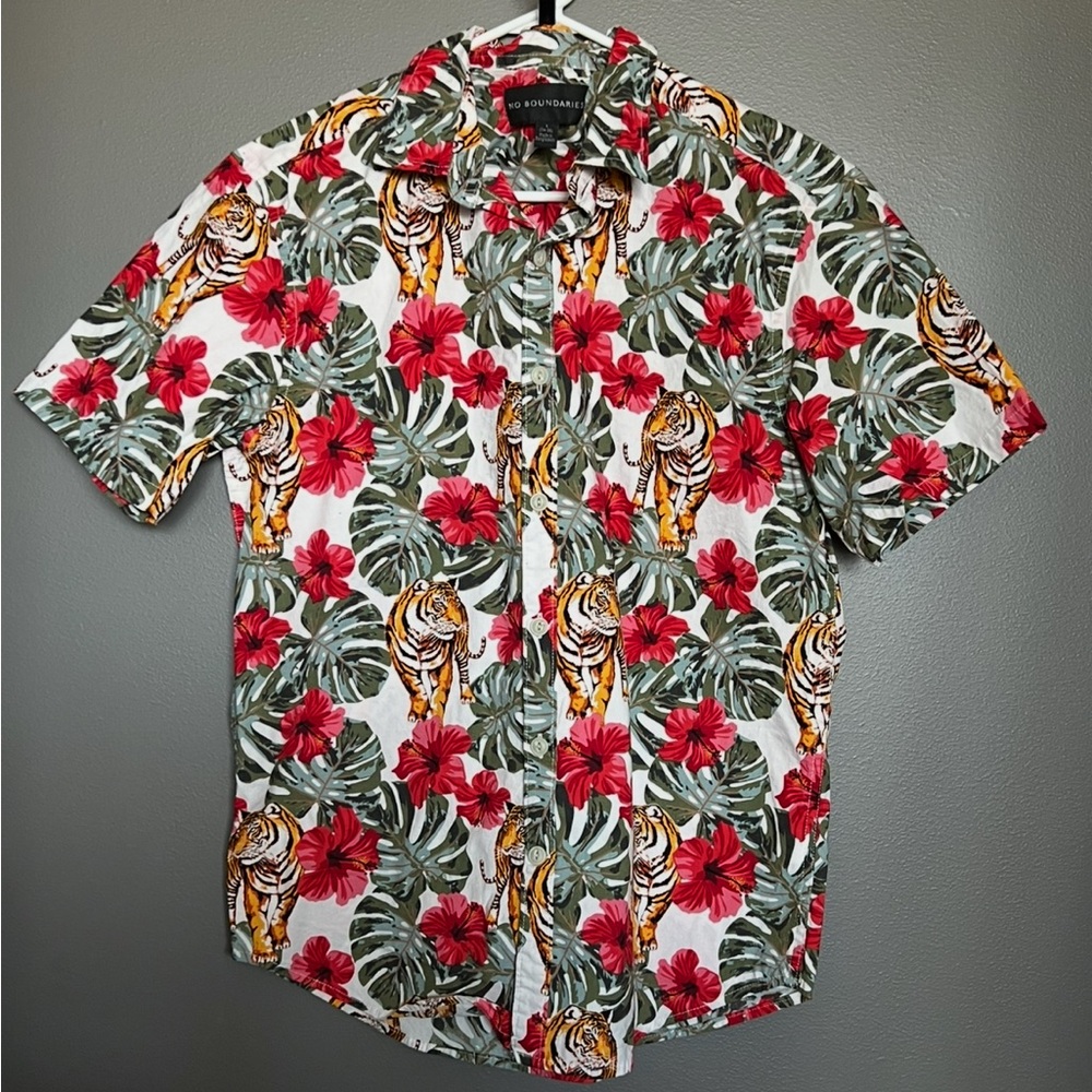 Red Floral Men's Shirt with Tigers by No Boundaries